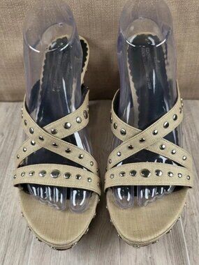 Beige Chunky Mules Heels Strappy Women Size 10M Y2K 2000s